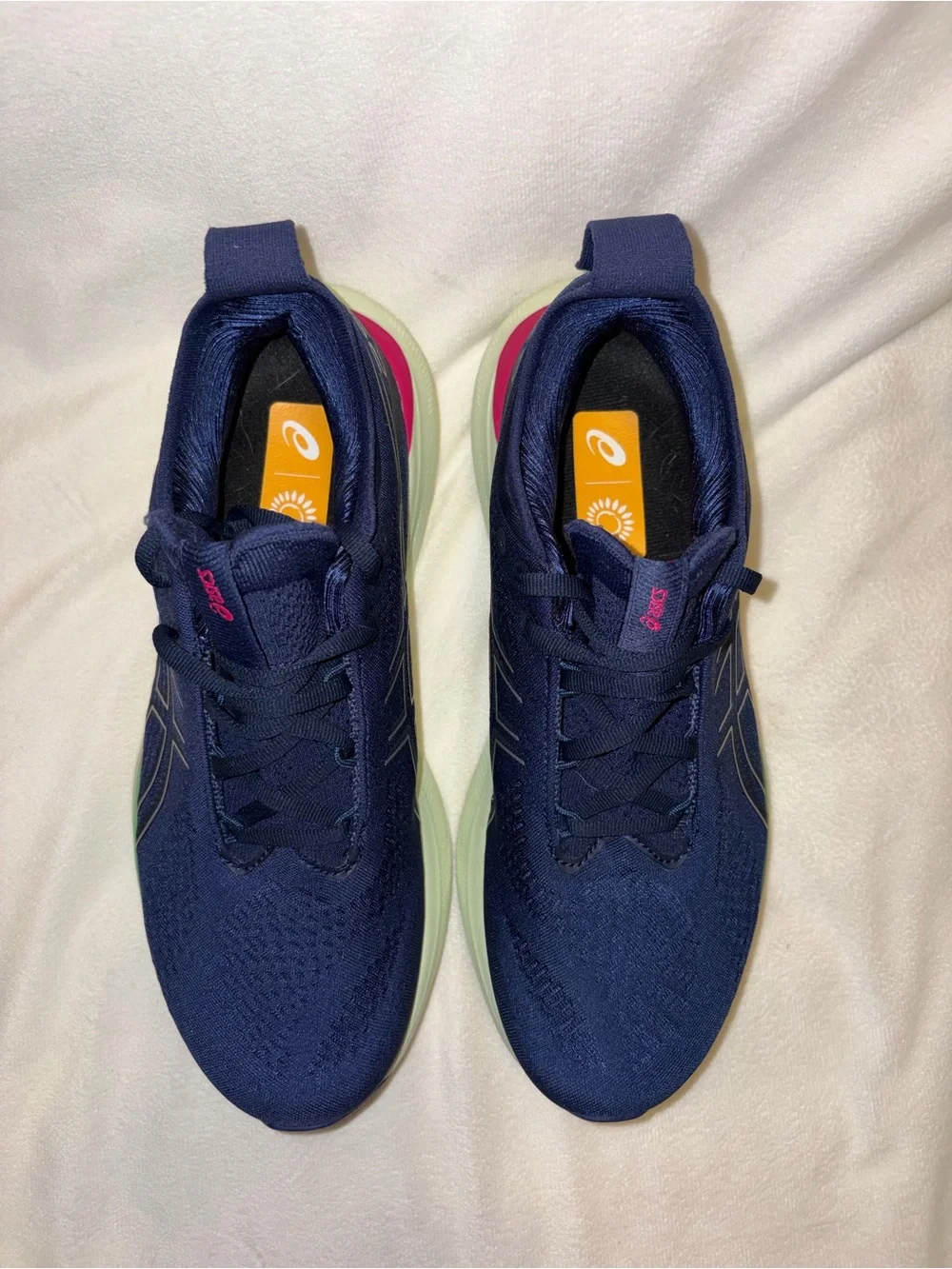 ASICS Navy Running Shoes with Pink and Lime Accents women size 8.5